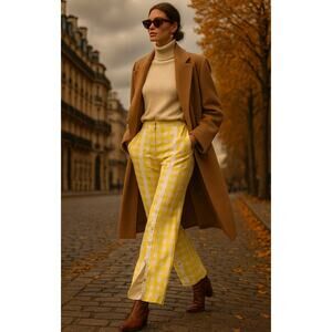 Jonathan Simkhai Yellow Gingham Snap Wide-Leg Trousers Pants XS Dopamine Retro